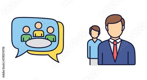 Business meeting icons with speech bubbles and team leader in flat style