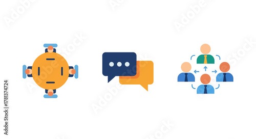 Flat design business communication icons with teamwork and chat symbols