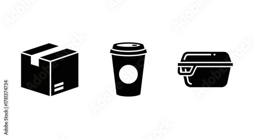 Silhouette icons of box, coffee cup, and takeout container on white background