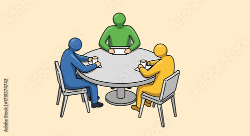 Flat design meeting with three colorful figures seated around a table