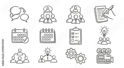 Hand-drawn business and teamwork icons with calendar and checklist elements