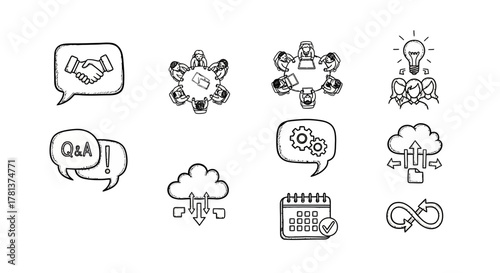 Hand-drawn business icons: teamwork, innovation, and digital solutions
