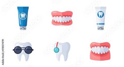 Dental care icons set featuring toothpaste, dentures, tooth with glasses