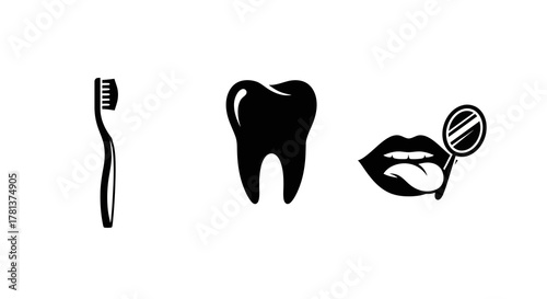 Dental care icons: toothbrush, tooth, lips with tongue and mirror silhouette