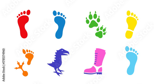Colorful footprints set featuring human, animal, dino, and boot tracks on white background