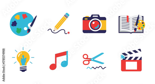 Creative icons set: art, photography, music, writing, and more