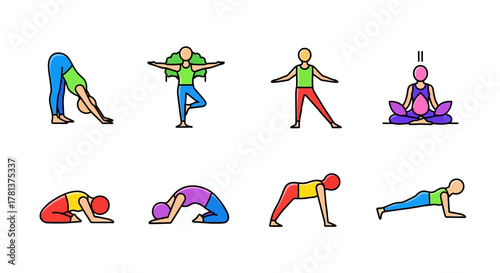 Simple yoga poses in colorful minimalist design for wellness and relaxation