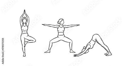 Yoga poses line art: tree, warrior, and downward dog in black and white