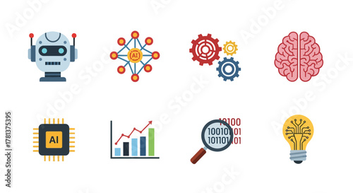 Artificial intelligence icons set: robot, brain, data, and innovation symbols