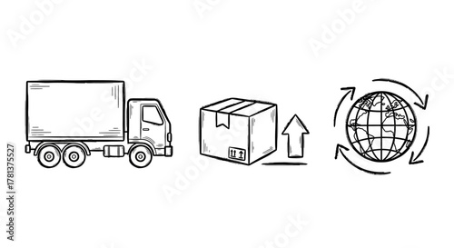 Hand drawn logistics symbols featuring truck, package, and global shipping icon