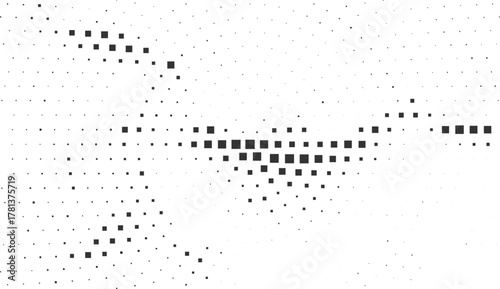 Abstract halftone geometric pattern with black dots forming curved wave flow, modern digital minimal texture, monochrome background design, tech art vector illustration