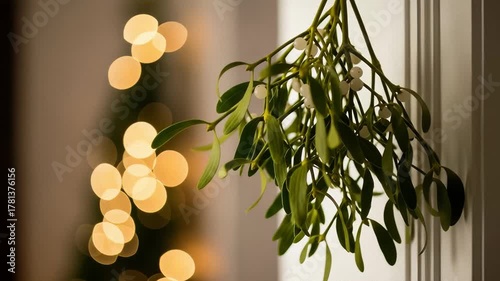 Festive mistletoe decorates window frame at Christmas time with soft background lighting, creating cozy indoor atmosphere.
