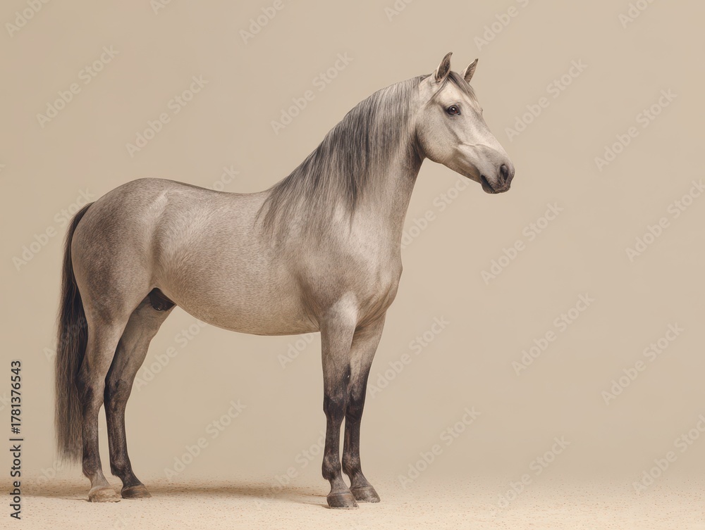Obraz premium Elegant Light Gray Horse Standing Proudly on a Neutral Background