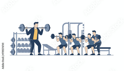 A coach demonstrates proper form while a group of players practices weightlifting in a wellequipped gym focusing on technique and safety.