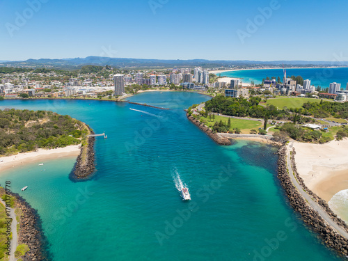 Aerial views of the Tweed Heads coast with Fingal Head to the south and Duranbah beach to the north, the Tweed river inlet in the foreground and Tweed Heads and Coolangatta skyline in the background