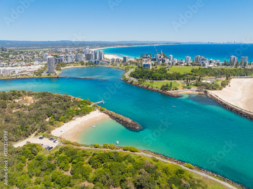 Aerial views of the Tweed Heads coast with Fingal Head to the south and Duranbah beach to the north, the Tweed river inlet in the foreground and Tweed Heads and Coolangatta skyline in the background