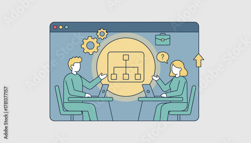 An illustration of an online mentorship platform with a mentor and mentee engaging in a virtual meeting about job strategies and advice.