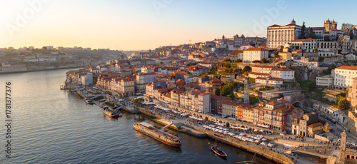 Sunset View of Ribeira District and Douro River in Porto, Portugal