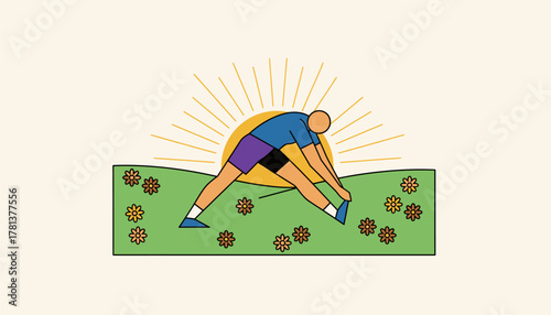 An athlete stretches on a grassy hillside with vibrant wildflowers blooming around them the sunrise casting a golden glow.