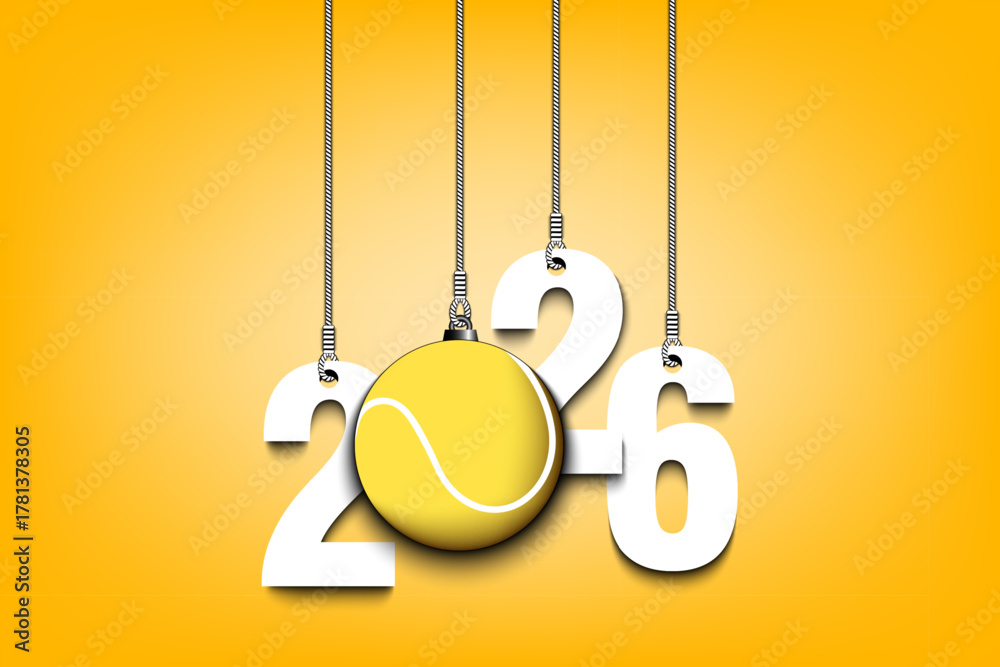 Naklejka premium Numbers 2026 and tennis ball as a Christmas decorations are hanging on strings. New Year 2025 are hang on cords. Template design for greeting card. Vector illustration on isolated background