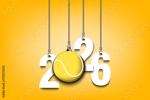 Numbers 2026 and tennis ball as a Christmas decorations are hanging on strings. New Year 2025 are hang on cords. Template design for greeting card. Vector illustration on isolated background