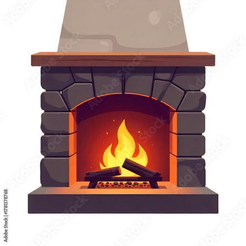 Fireplace with Burning Log Fire, chimney