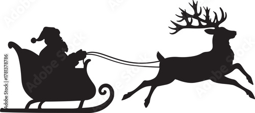 black vector silhouette of Santa Claus in sleigh with reindeer