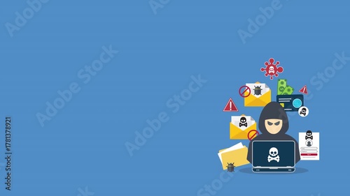 Hacker with laptop computer stealing confidential data, personal information and credit card detail. Hacking concept.