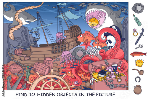 Find hidden objects. Underwater world with wreckage of a sunken pirate ship in the sea. Ocean world with sharks, anchor, octopus, fish, diving helmet and treasure. Hand drawn vector illustration.