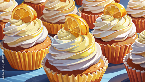 Very beautiful close-up of cupcakes topped with fresh lemon zest, soft creamy frosting, warm natural light, and a bright realistic dessert presentation.
