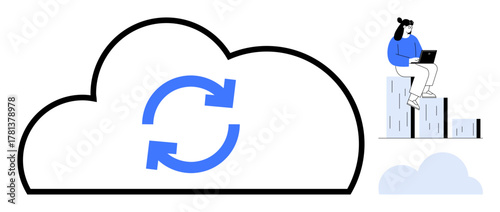 Large cloud with sync arrows, woman sitting on data columns using a laptop, smaller cloud. Ideal for cloud computing, data backup, networking, digital workflow, remote work, analytics simple flat