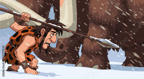 Caveman hunting a mammoth with a spear in a snowy, ancient landscape during prehistoric times