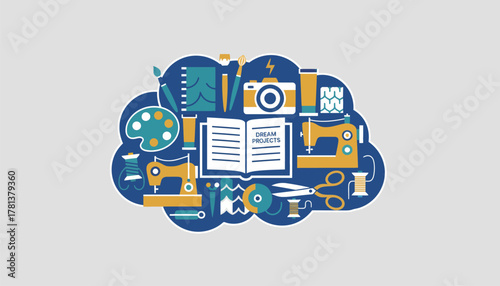 An artistic interpretation of a vision board overflowing with images of creativity including art supplies patterns and dream projects.