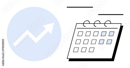 Upward arrow inside circle beside calendar highlights planning, growth, and productivity. Ideal for business strategy, time management, scheduling, development, progress tracking, goal setting