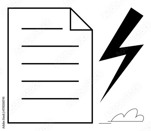 Document with lines next to a bold lightning bolt and subtle clouds. Ideal for communication, energy, creativity, innovation, urgency, problem-solving, abstract thought, simple flat metaphor