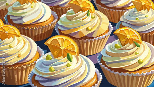 Very beautiful close-up of cupcakes topped with fresh lemon zest, soft creamy frosting, bright warm light, and a clean realistic dessert presentation.