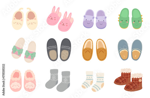 Cozy slippers set with cute animal and winter designs, slippers set showcasing comfort, warmth, and hygge charm, perfect for seasonal lifestyle visuals, holiday decor concepts