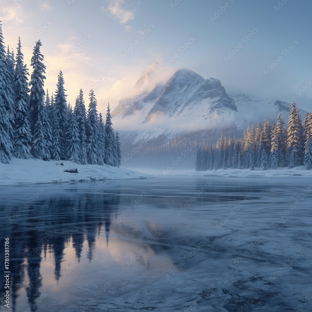 Fototapeta premium Tranquil winter landscape with mountain pines and reflections