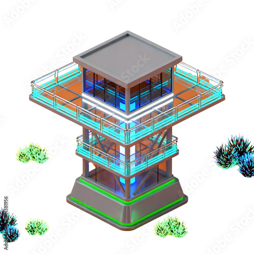 Futuristic Observation Tower with Neon Accents and Surrounding Greenery