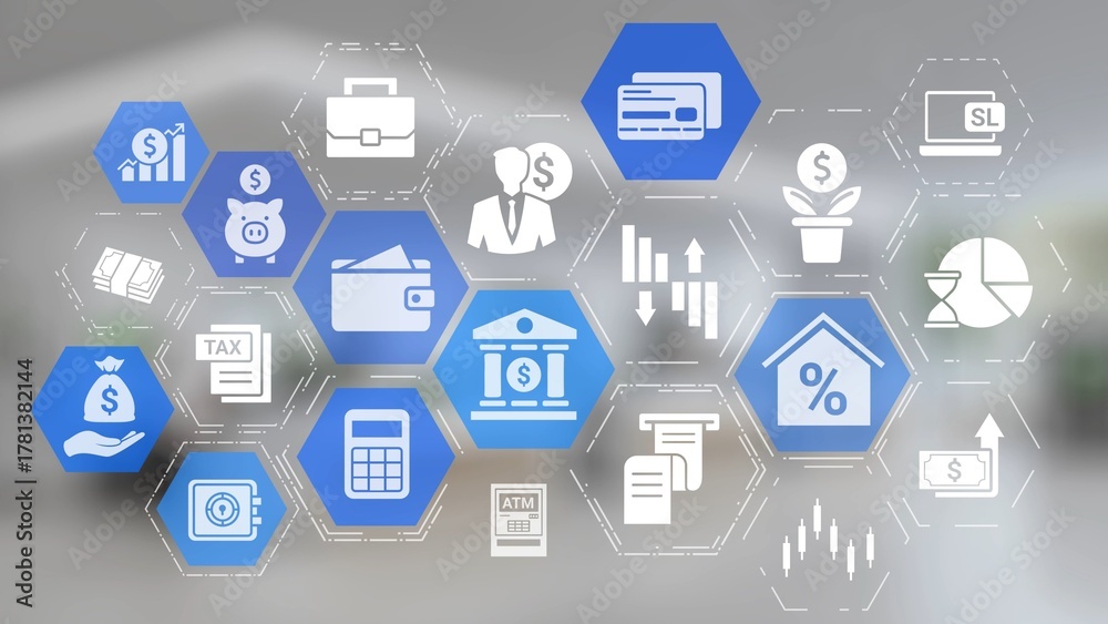Naklejka premium Finance icons show banking, finance investment, and financial planning. Finance supports money management, growth, savings, and business finance strategy. Gist