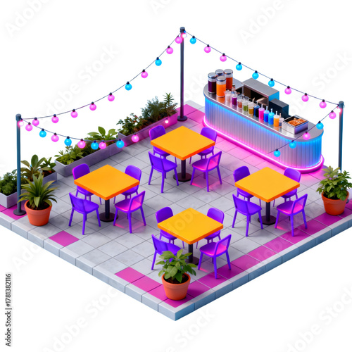 Isometric illustration of a vibrant outdoor cafe scene with tables, chairs, and a bar under string lights