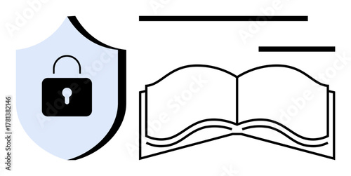 Shield with padlock and open book symbolizing secure information, knowledge protection, privacy, and access control. Ideal for cybersecurity, education, data privacy, compliance, digital safety
