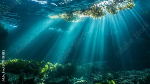 Fototapeta Naklejka Na Ścianę i Meble -  Stunning underwater light rays illuminating a vibrant coral reef and seaweed on the ocean floor
