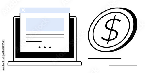 Open laptop screen next to a dollar coin emphasizing profits, e-commerce, and digital payment. Ideal for finance, online business, budgeting, wealth, investing, marketing simple flat metaphor