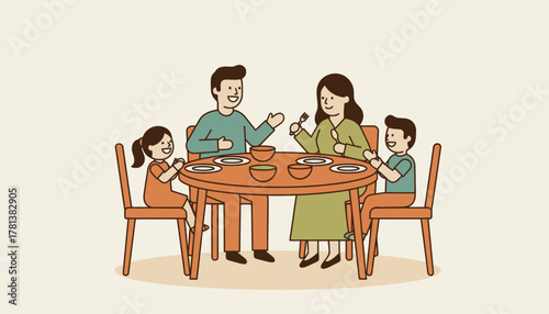 A family gathered around a dining table all devices put away enjoying a meal and engaging in conversation.