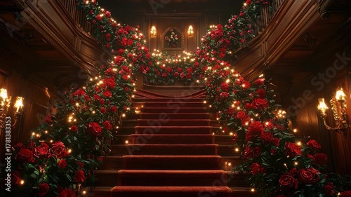 Elegant staircase adorned with red roses and warm lighting