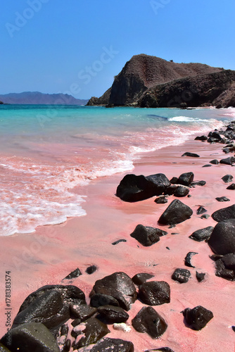 Pink beach with clear turquoise water, black boulders, near Komodo Island, Indonesia
