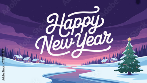 Happy new year greeting with a charming winter village scene and a decorated christmas tree