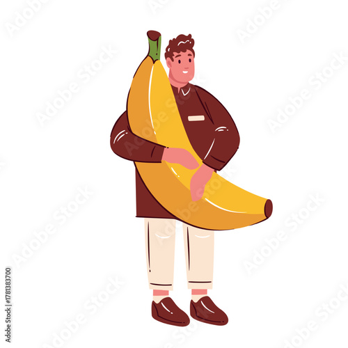 Cartoon seller holding huge banana, funny concept of tropical fruit and organic market design. Simple flat mascot for food shop, healthy lifestyle, vector illustration.
