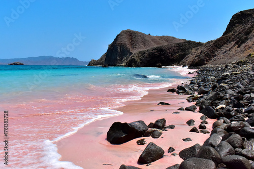 Pink beach with clear turquoise water, black boulders, near Komodo Island, Indonesia